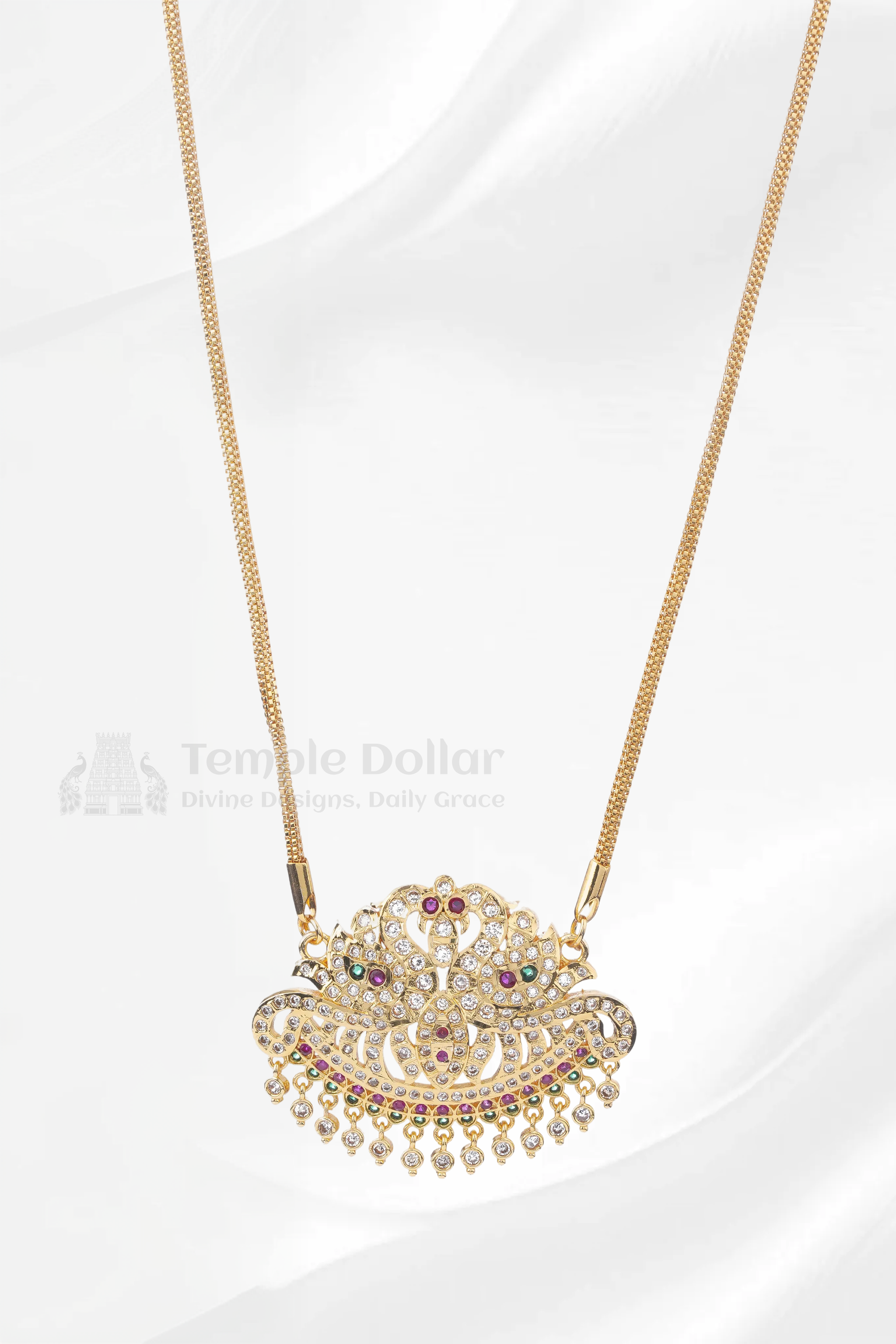 South Indian gold temple dollar chain with twin peacock pendant