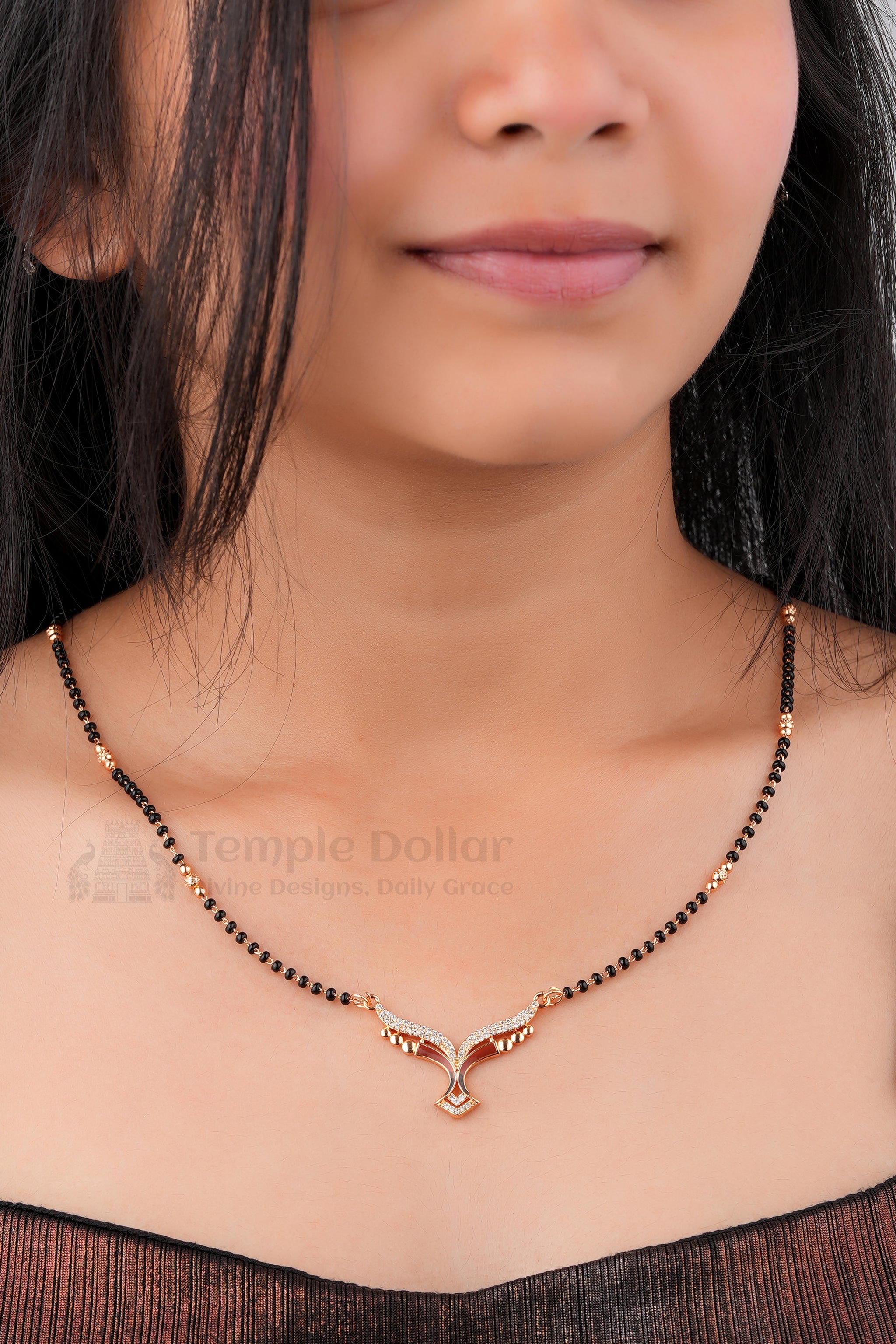 Minimal black-bead American Diamond mangalsutra by Temple Dollar