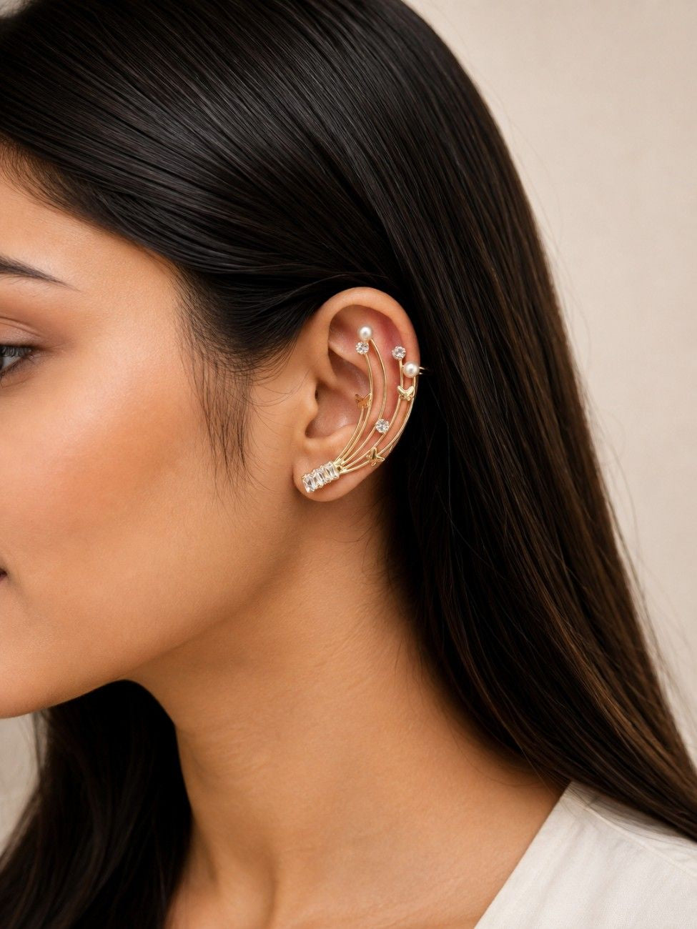 Gold Butterfly Ear Cuff - Pearl & Crystal Celestial Ear Crawler