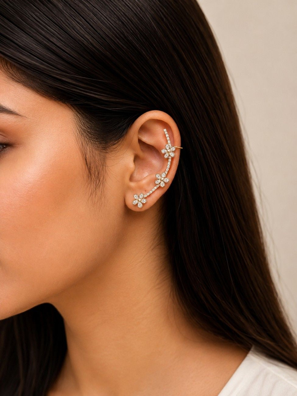 Dainty Gold-tone Triple Floral Ear Cuff