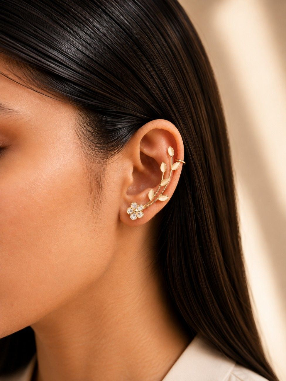 Floral Vine Crystal Ear Crawler Rose Gold Finish