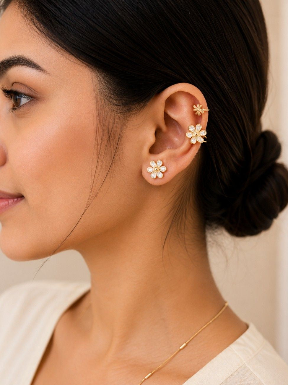 Dainty Floral Ear Cuff Stud Set in Gold