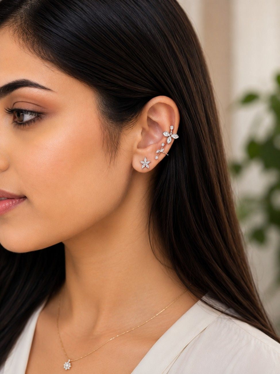 Flower and Leaf Ear Cuff Set