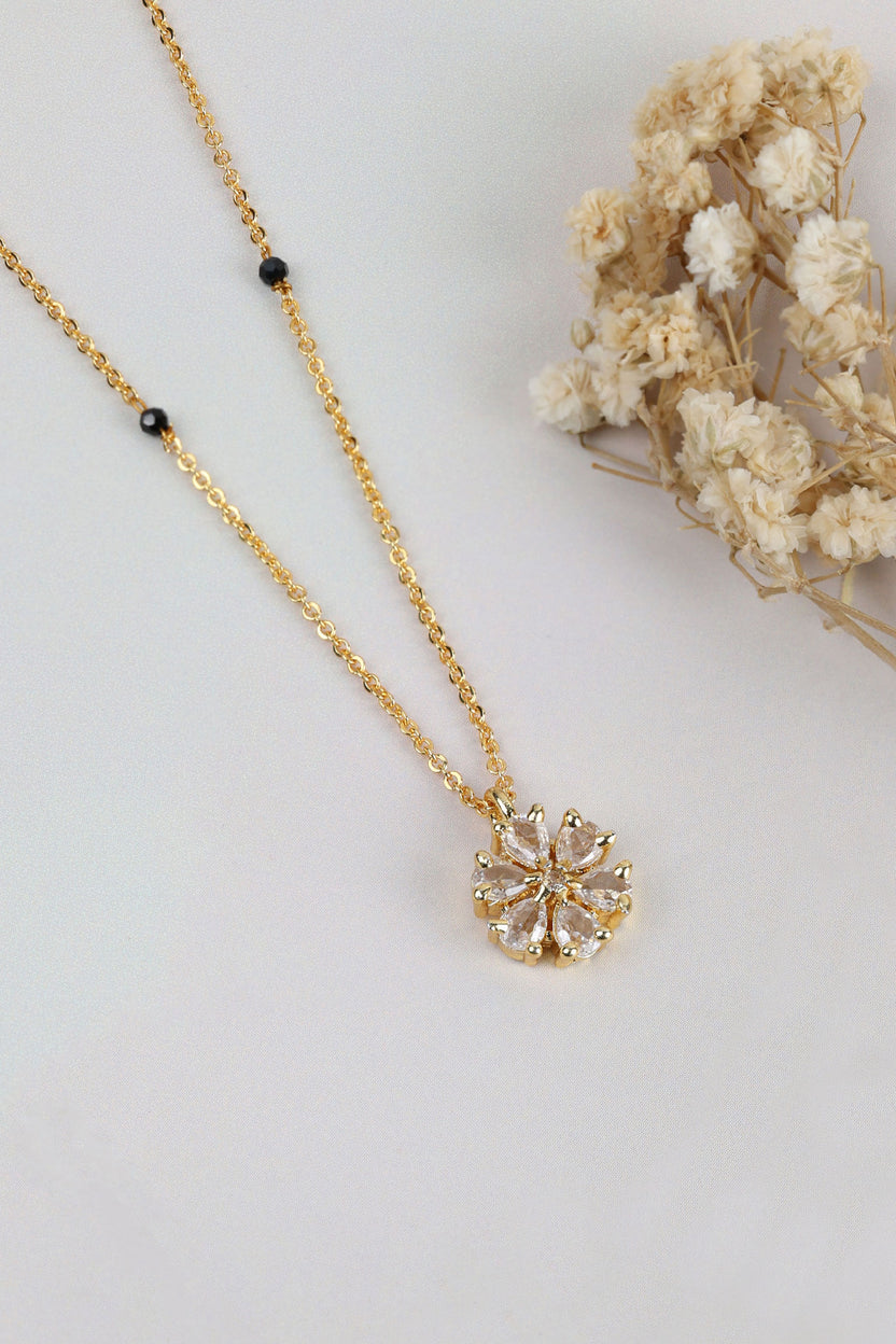 Dainty Gold Mangalsutra – Single Flower CZ Pendant Thin Chain Necklace