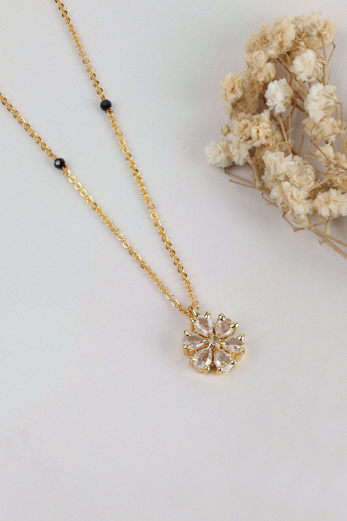 Dainty Gold Mangalsutra – Single Flower CZ Pendant Thin Chain Necklace