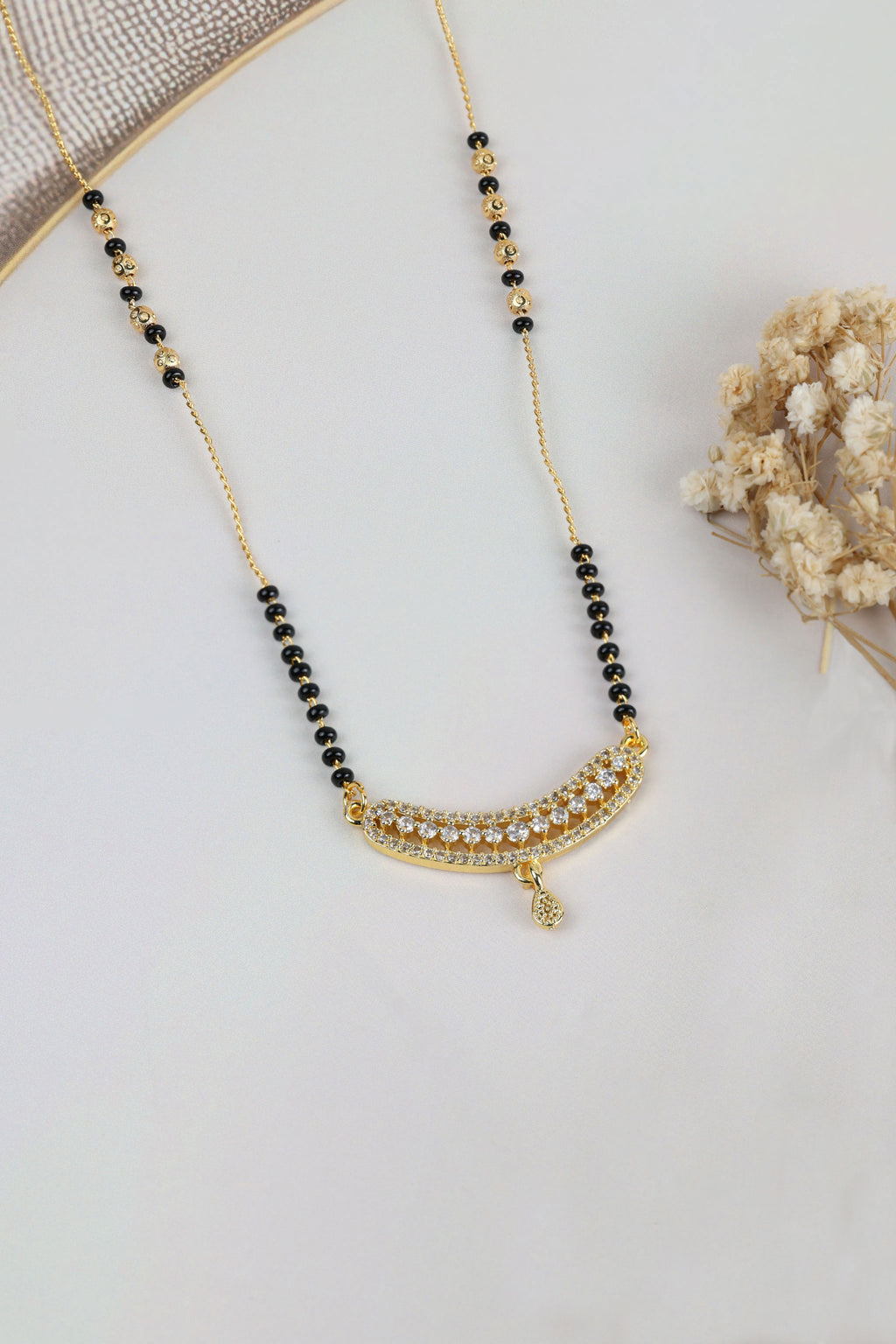 Dainty Gold Mangalsutra – Curved Bar CZ Pendant with Drop Daily Wear Necklace for Women