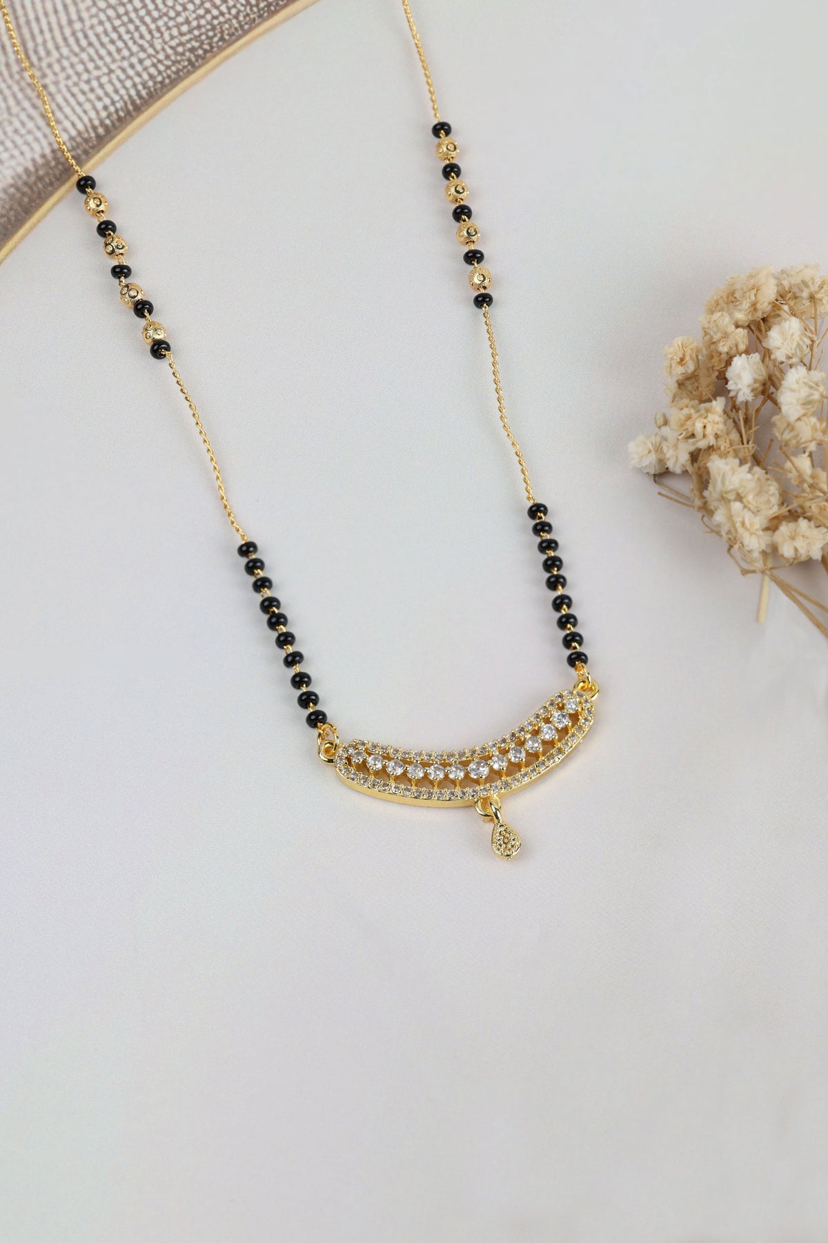Dainty Gold Mangalsutra – Curved Bar CZ Pendant with Drop Daily Wear Necklace for Women