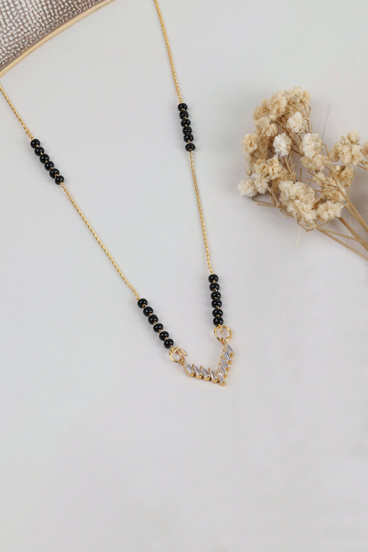 Dainty Gold Mangalsutra – Baguette V-Shape CZ Pendant Daily Wear Necklace for Women