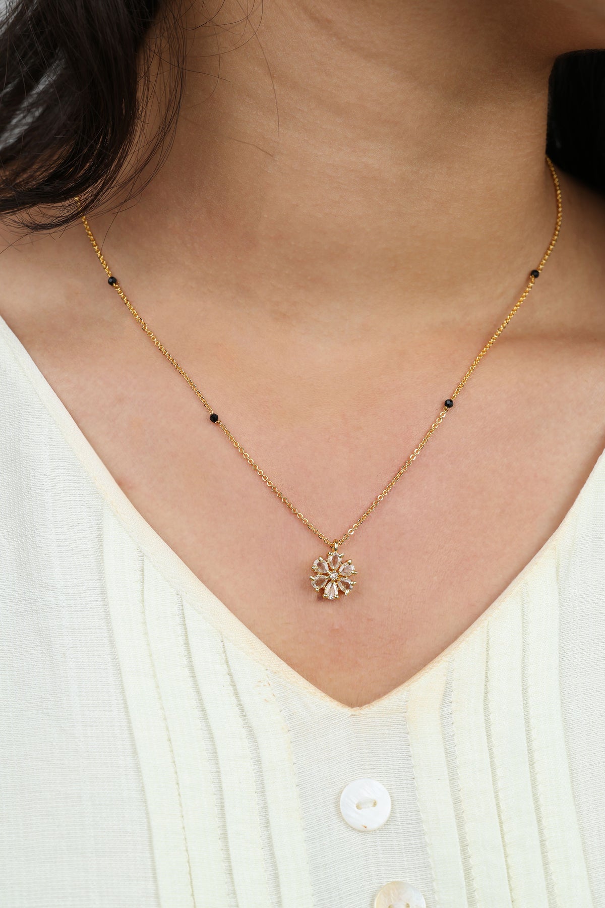 Dainty Gold Mangalsutra – Single Flower CZ Pendant Thin Chain Necklace