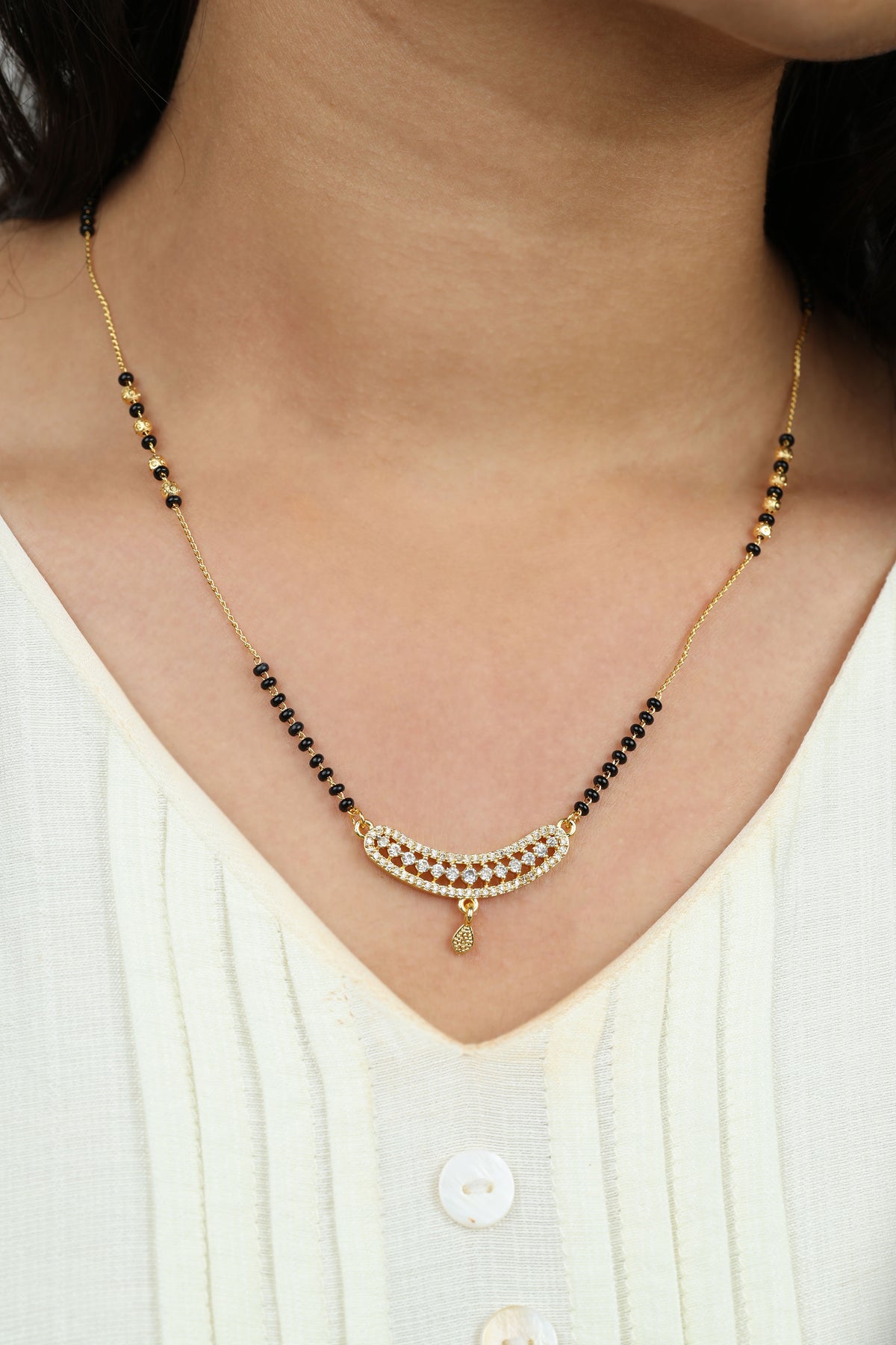 Dainty Gold Mangalsutra – Curved Bar CZ Pendant with Drop Daily Wear Necklace for Women