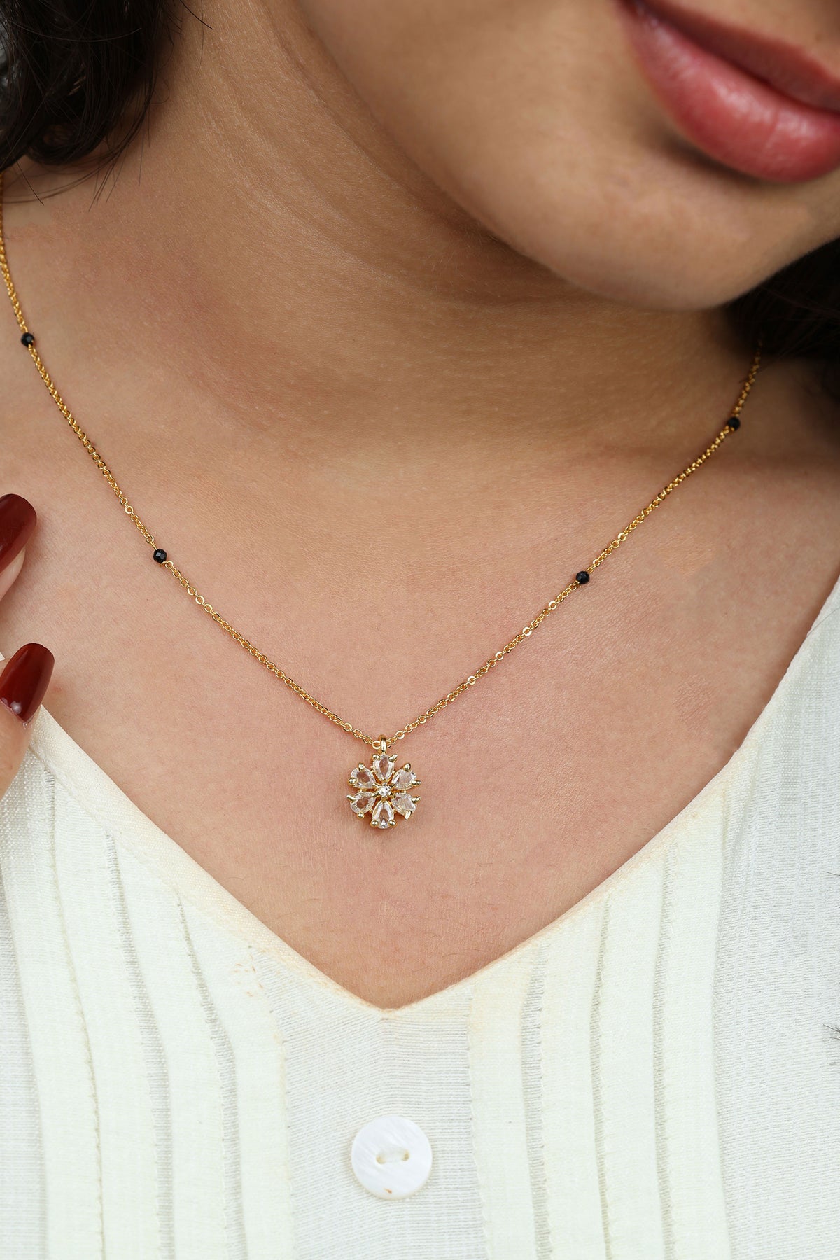 Dainty Gold Mangalsutra – Single Flower CZ Pendant Thin Chain Necklace