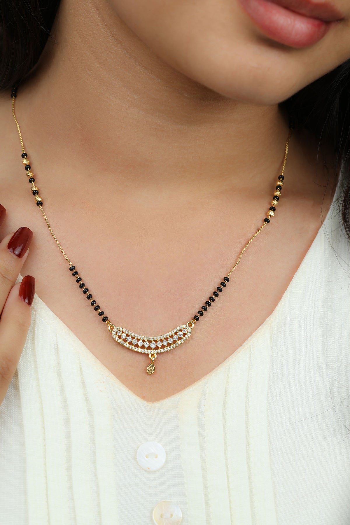Dainty Gold Mangalsutra – Curved Bar CZ Pendant with Drop Daily Wear Necklace for Women
