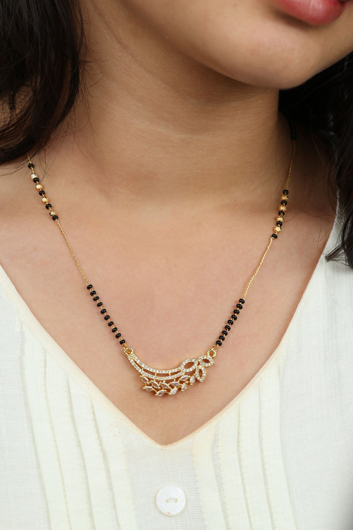 Dainty Gold Mangalsutra – Curved Leaf CZ Pendant Daily Wear Necklace for Women