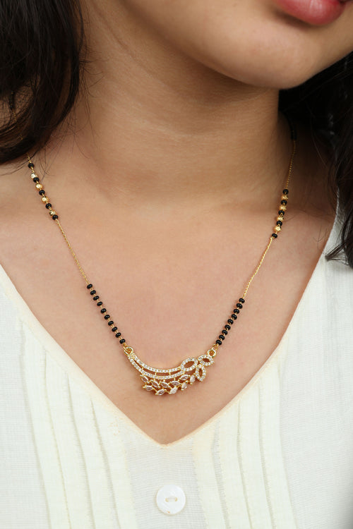 Dainty Gold Mangalsutra – Curved Leaf CZ Pendant Daily Wear Necklace for Women