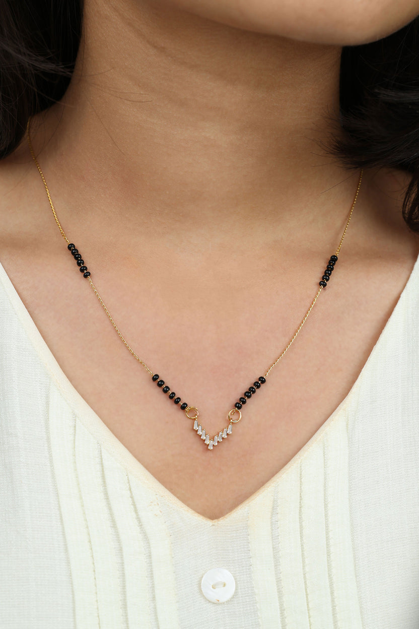 Dainty Gold Mangalsutra – Baguette V-Shape CZ Pendant Daily Wear Necklace for Women