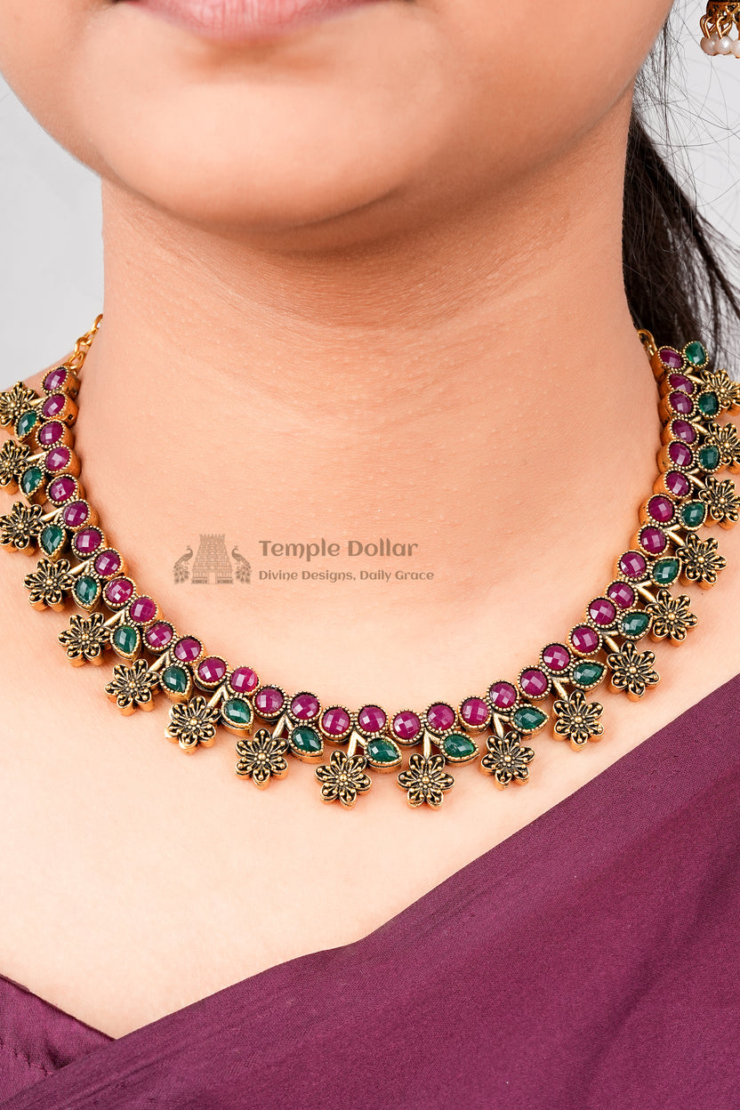 Antique Floral Kemp Choker with Pearl Jhumkas