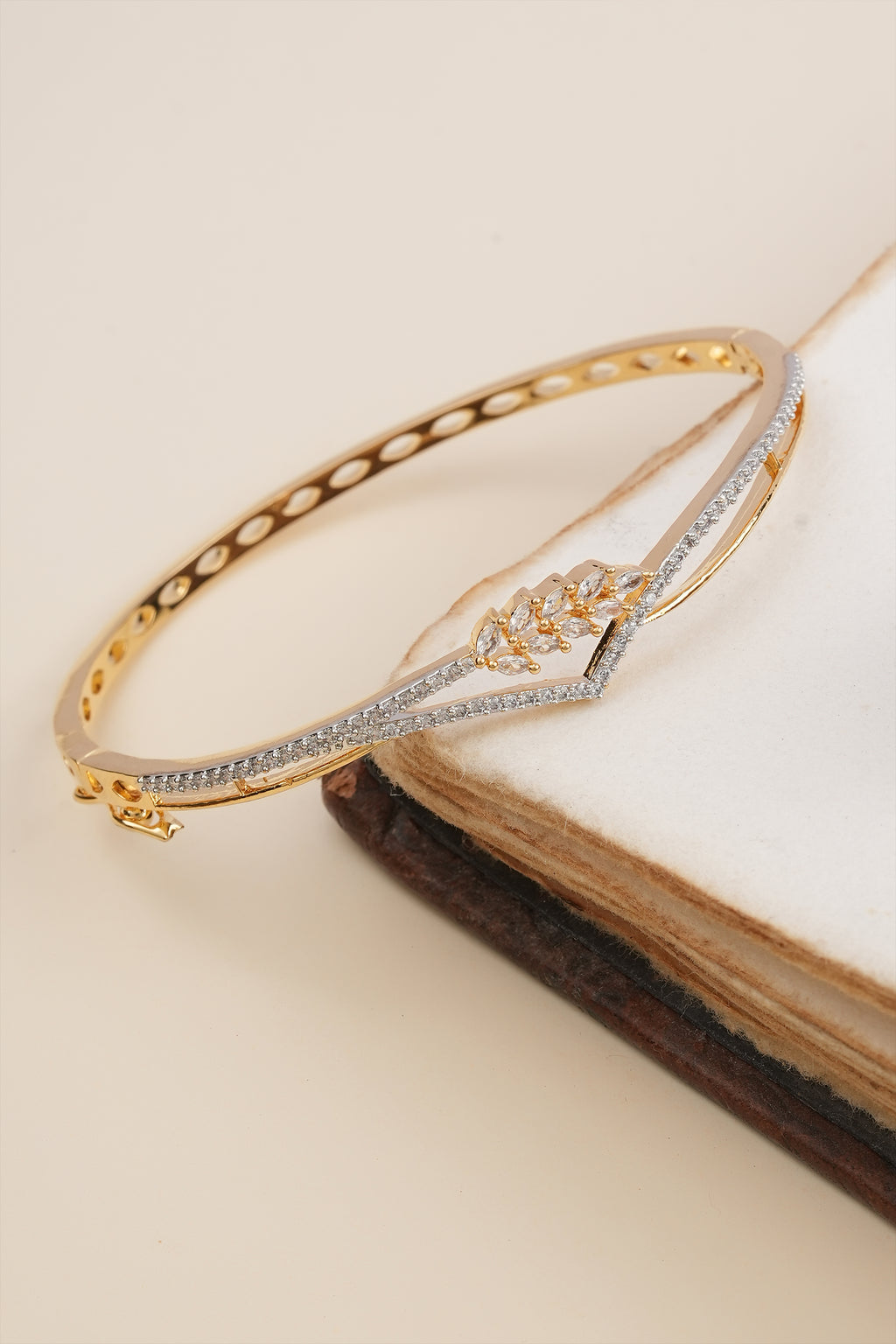 brass gold leaf american diamond cuff bracelate