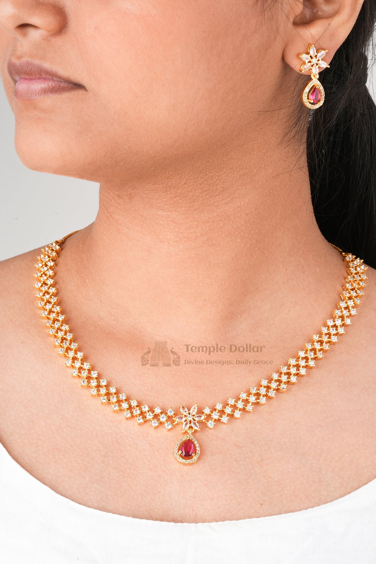 Ruby Red Crystal Necklace Set for Women, Gold Plated Floral Design Necklace with Matching Earrings, American Diamond Jewelry Set