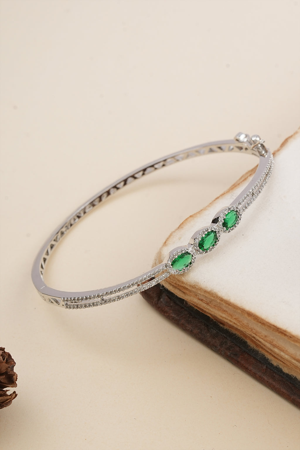 Emerald Stoned American Diamond Silver Plated Bracele