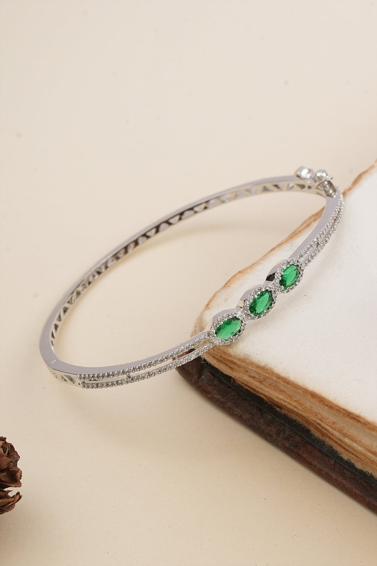 Emerald Stoned American Diamond Silver Plated Bracele
