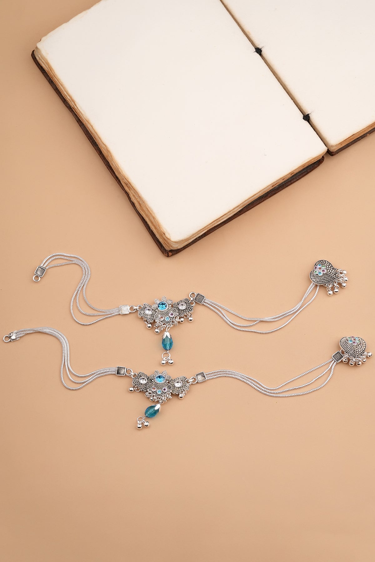 Multi-strand Silver Payal with Turquoise Crystals