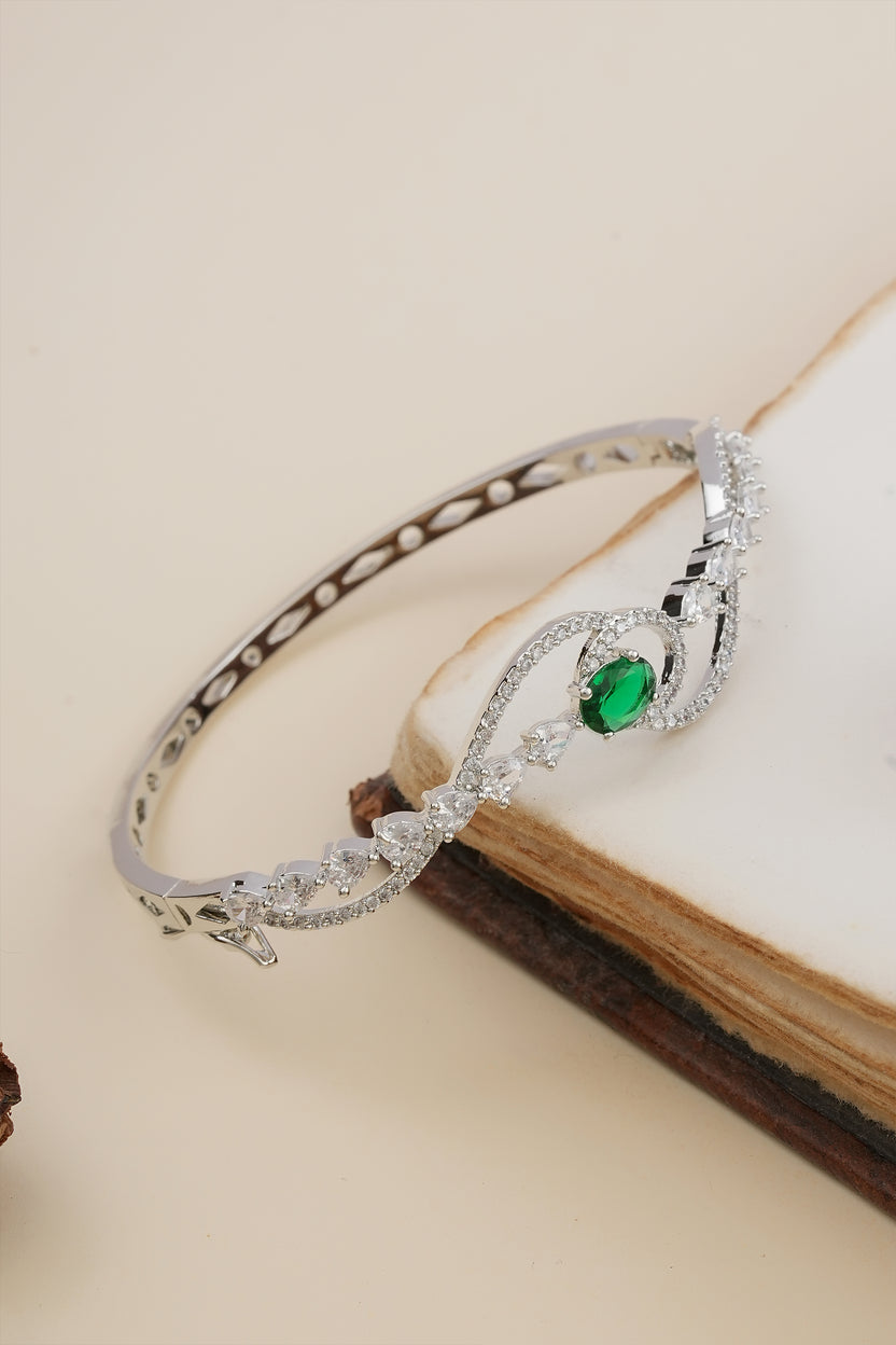Rhodium-Plated Emerald Green Stone Wave Bracelet