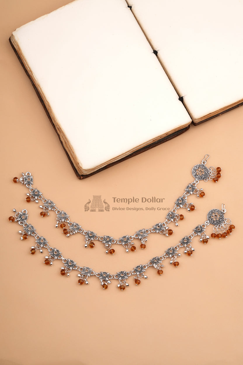 Oxidized Silver-finish Floral Payal with Citrine-tone Charms