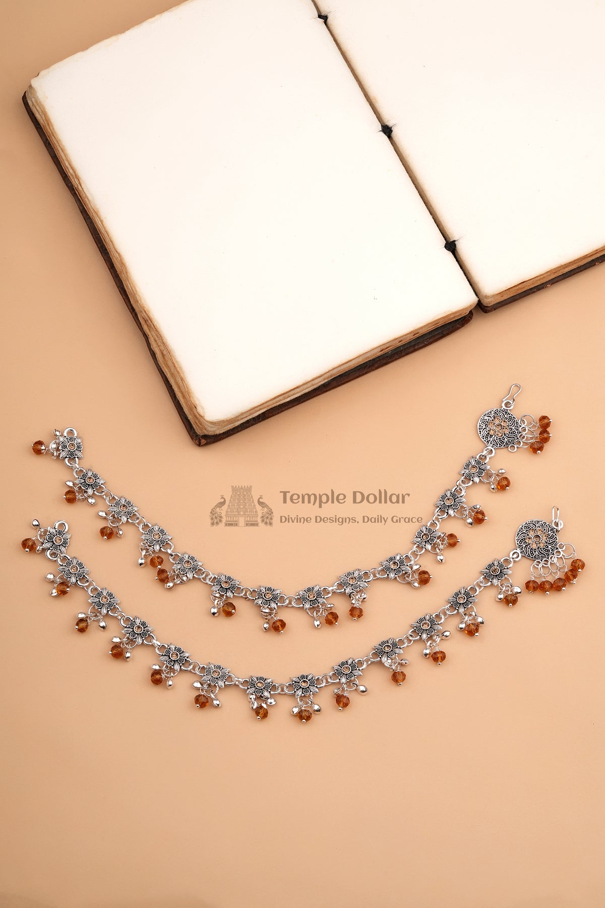 Oxidized Silver-finish Floral Payal with Citrine-tone Charms