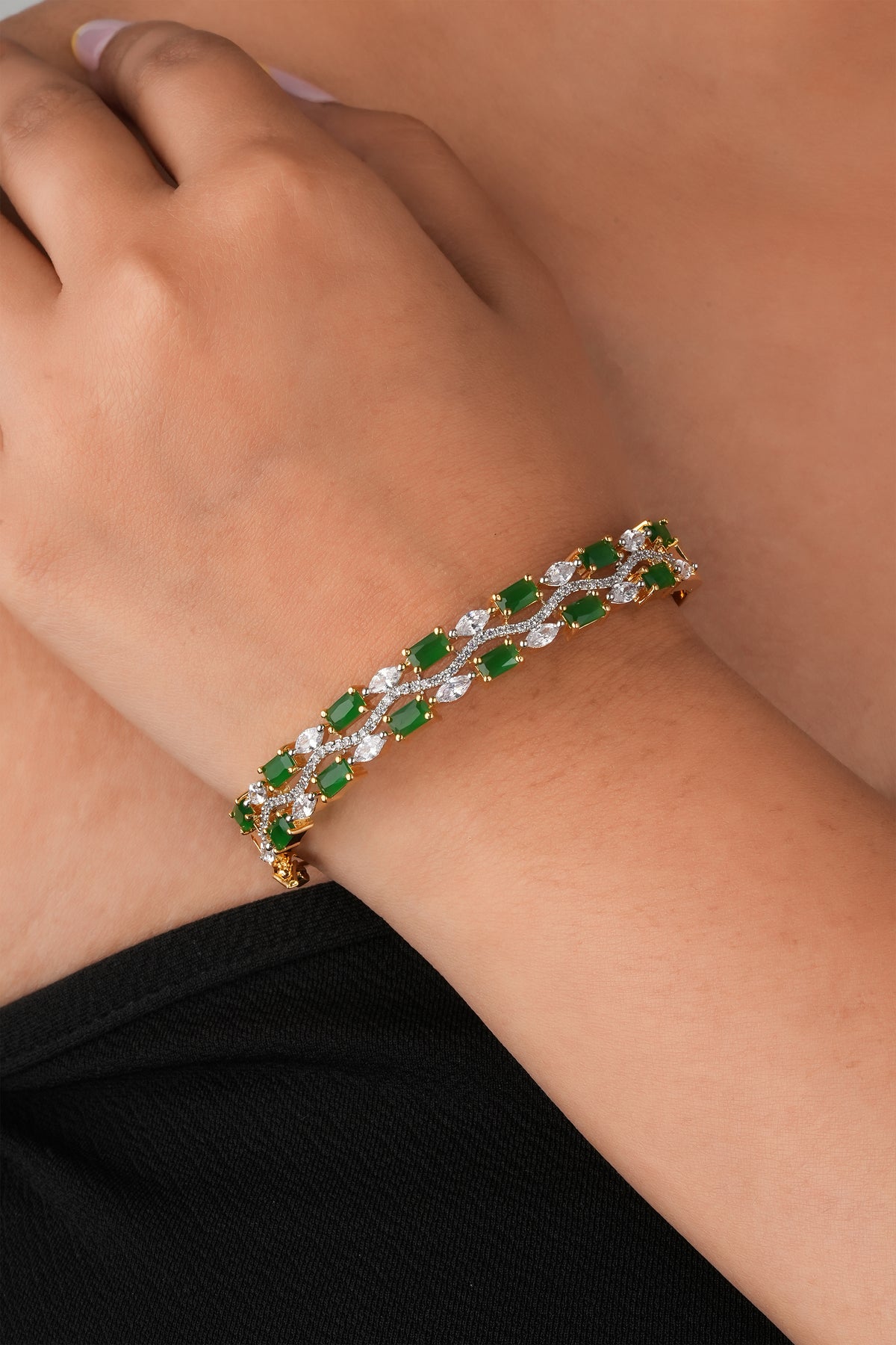 gold-plated emerald green and white cubic zirconia studded cuff bracelet