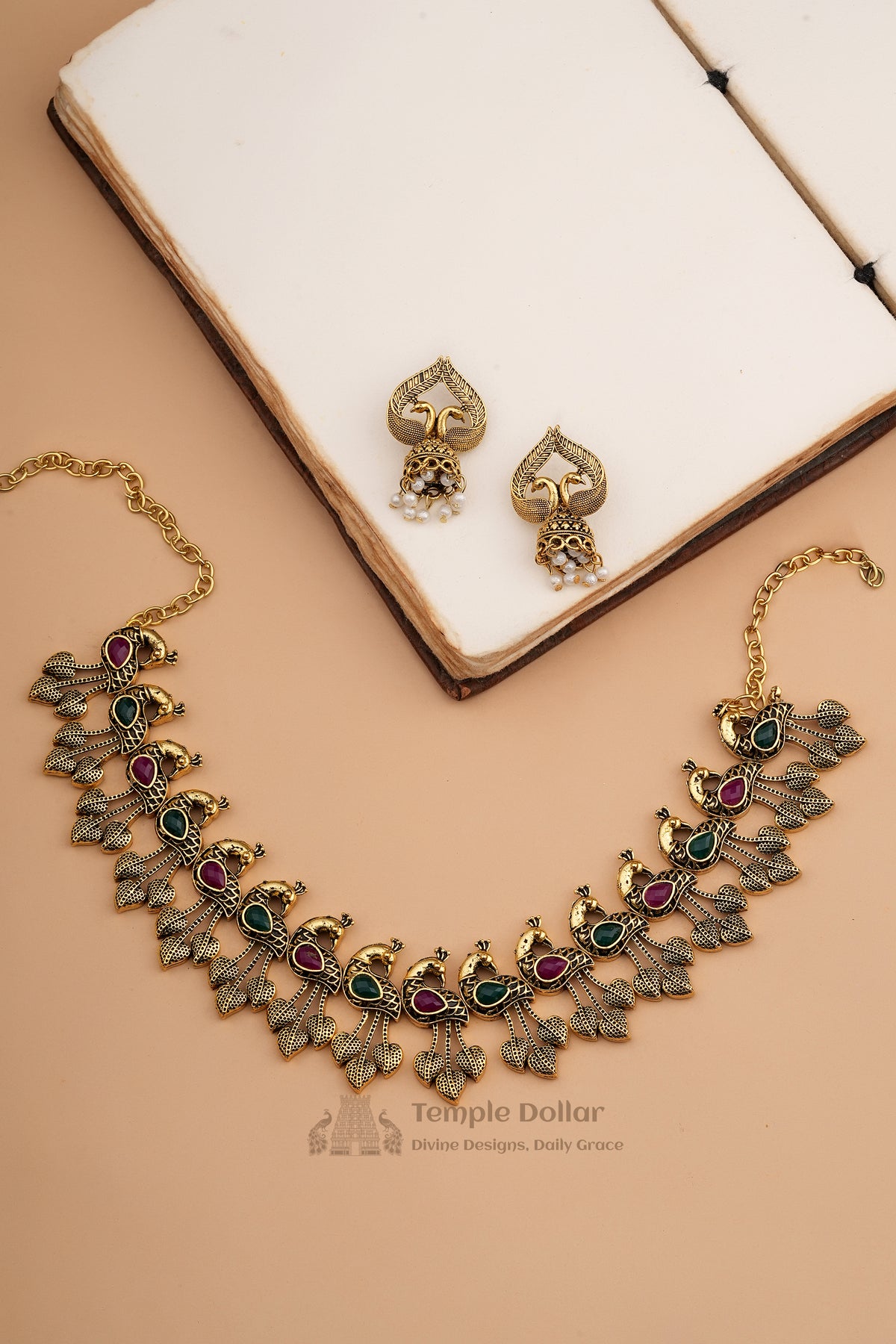 Antique Peacock Choker & Jhumka Set