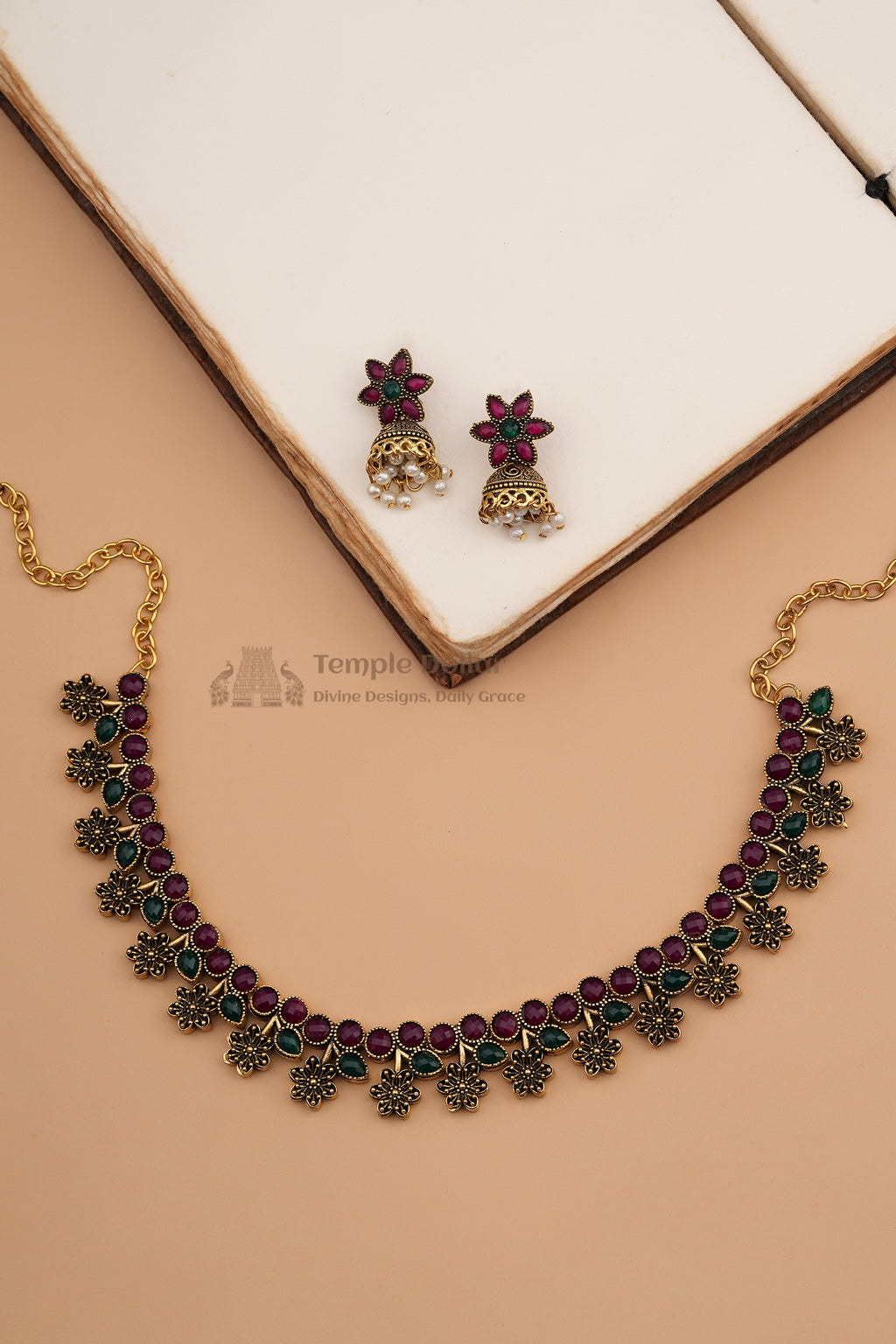 Antique Floral Kemp Choker with Pearl Jhumkas