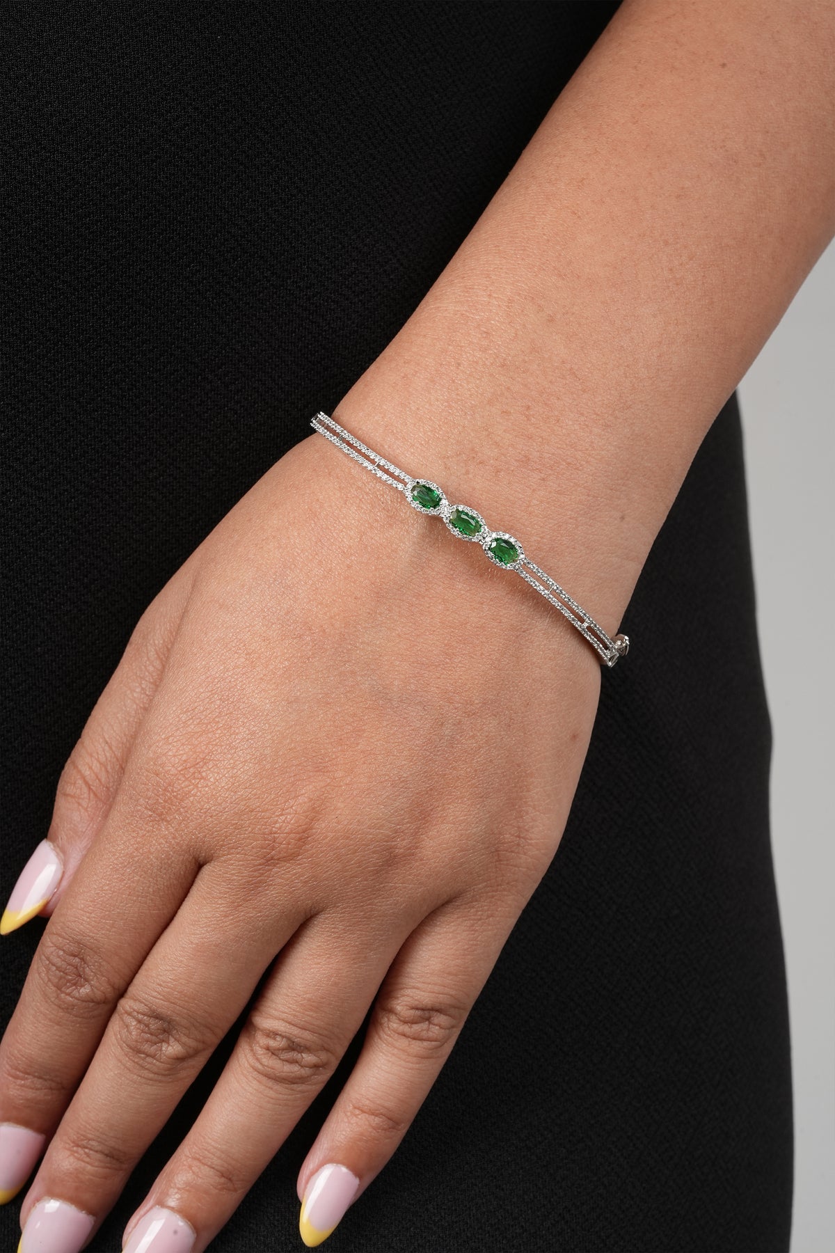 Emerald Stoned American Diamond Silver Plated Bracele