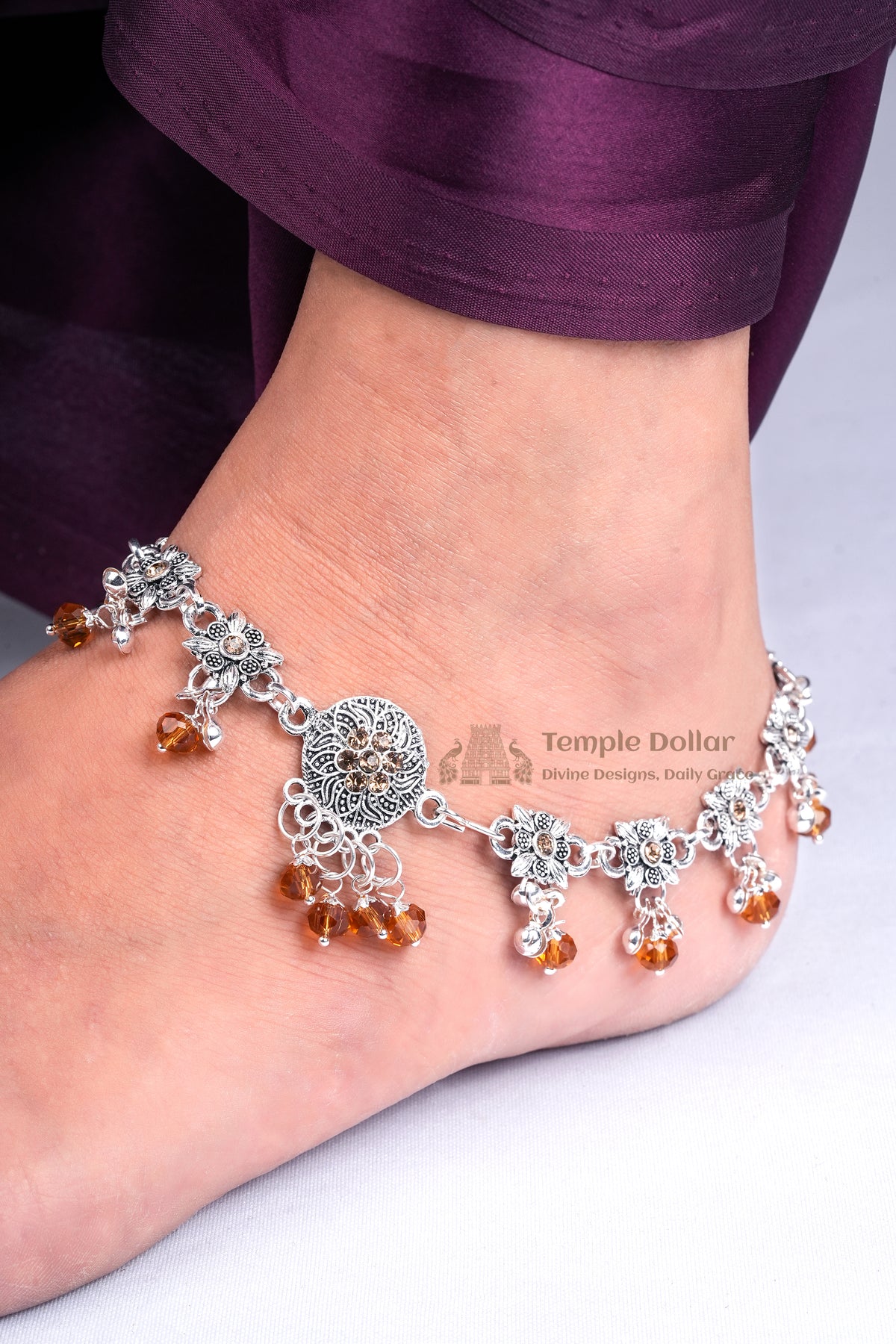 Oxidized Silver-finish Floral Payal with Citrine-tone Charms