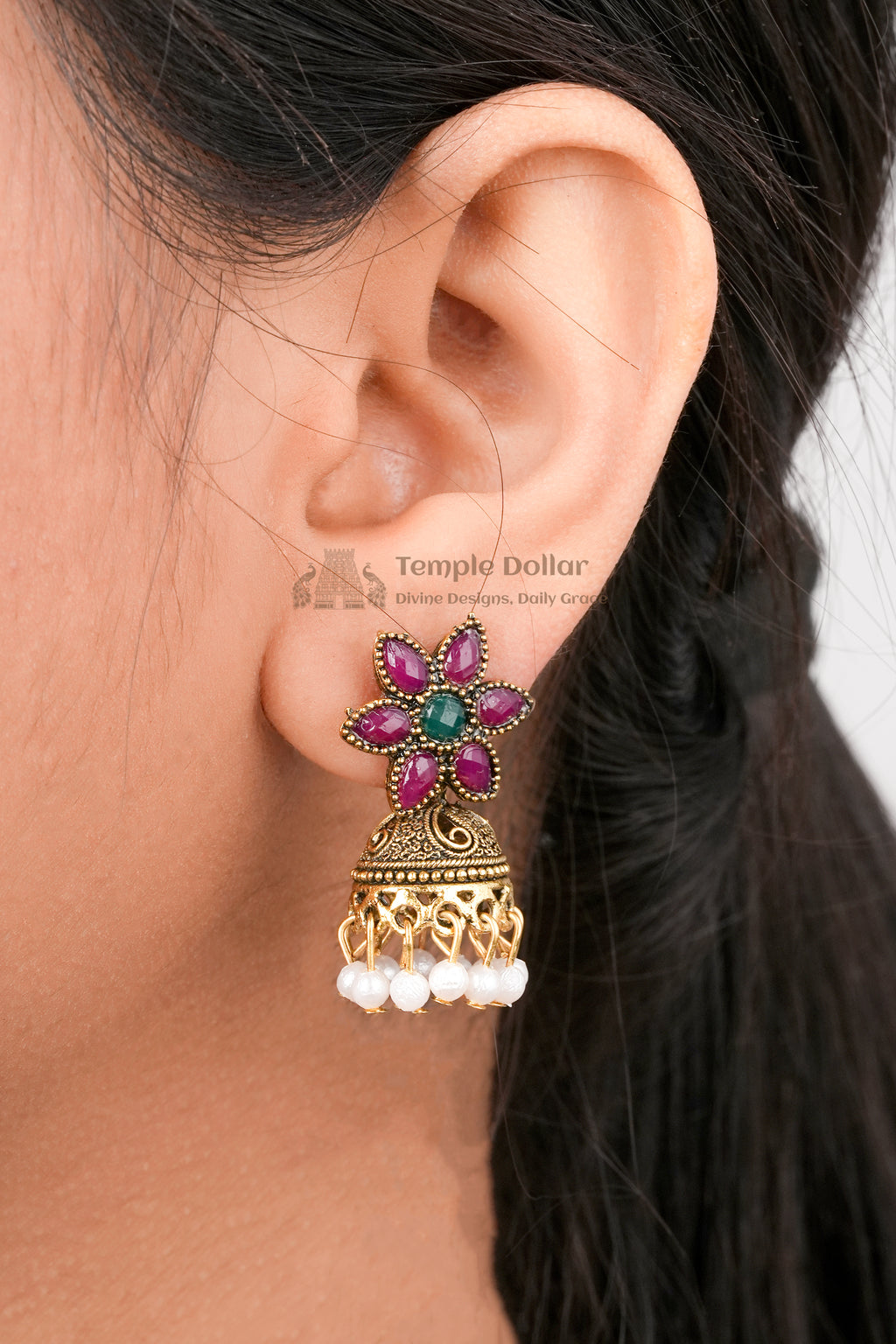 Antique Floral Kemp Choker with Pearl Jhumkas