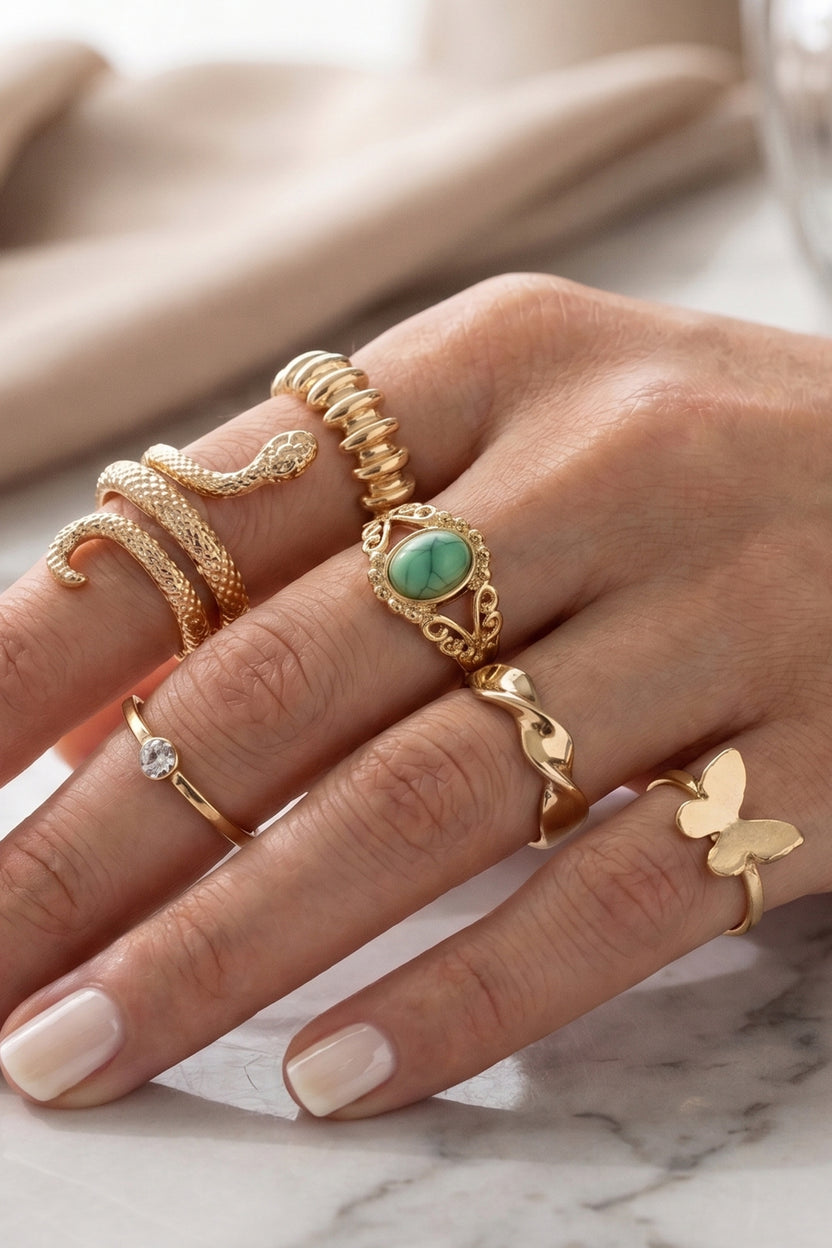 Bohemian Serpentine 6-piece Gold Ring Set