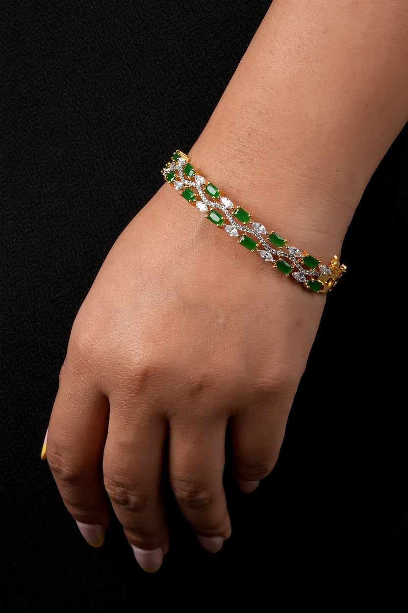 gold-plated emerald green and white cubic zirconia studded cuff bracelet