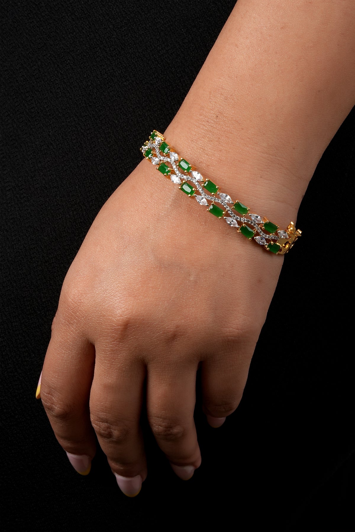 gold-plated emerald green and white cubic zirconia studded cuff bracelet