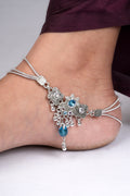 Multi-strand Silver Payal with Turquoise Crystals