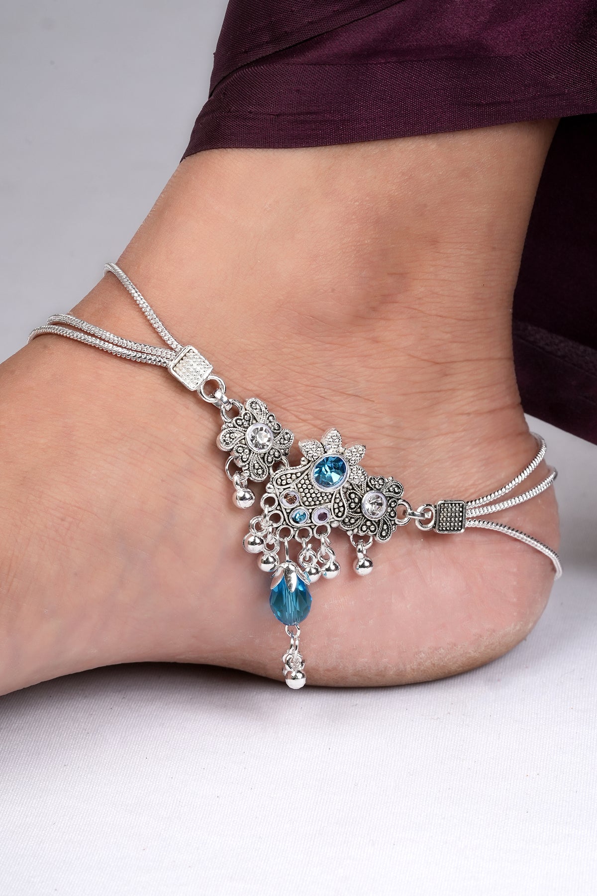 Multi-strand Silver Payal with Turquoise Crystals