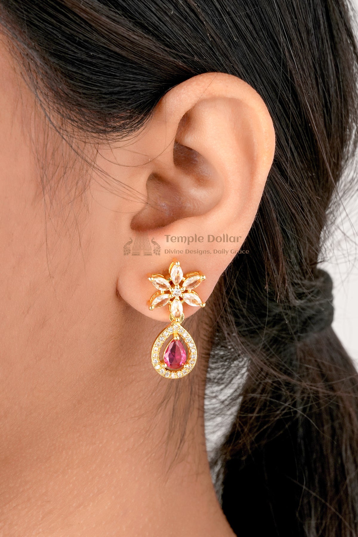 Ruby Red Crystal Necklace Set for Women, Gold Plated Floral Design Necklace with Matching Earrings, American Diamond Jewelry Set