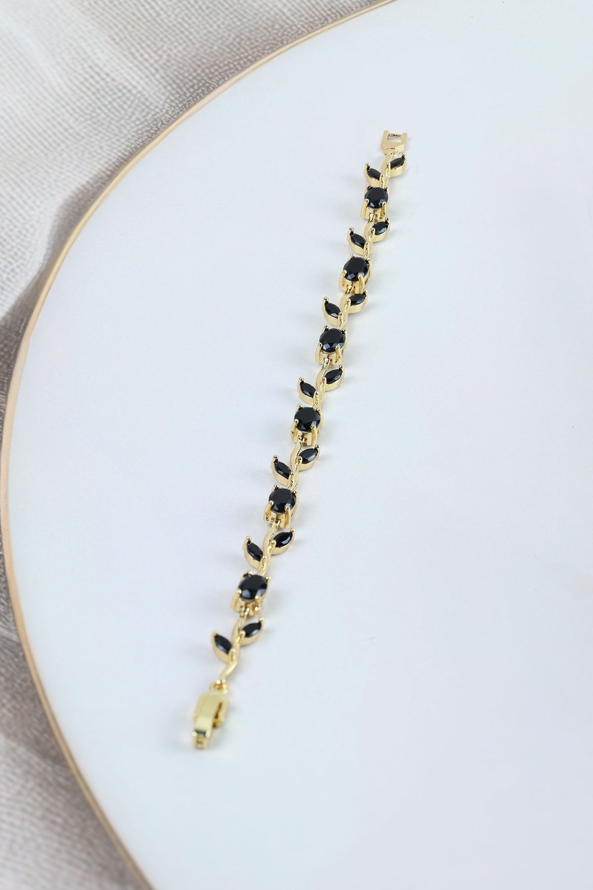 Tulip Vine Bracelet - Onyx Black CZ Stones,  Gold Plated Black CZ Tulip Bracelet in Gold Plating