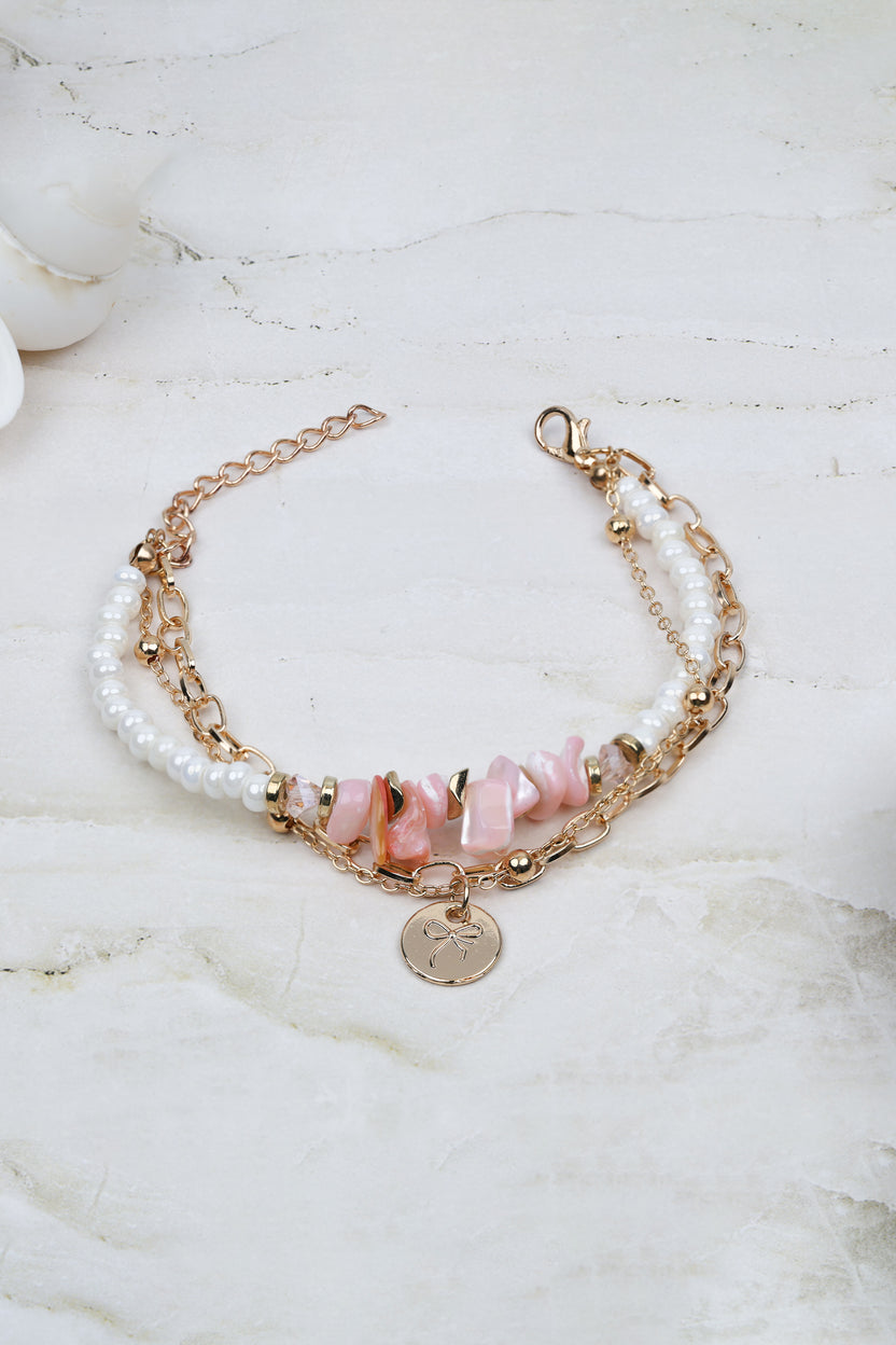 Pink Stone and Pearl Layered Bracelet