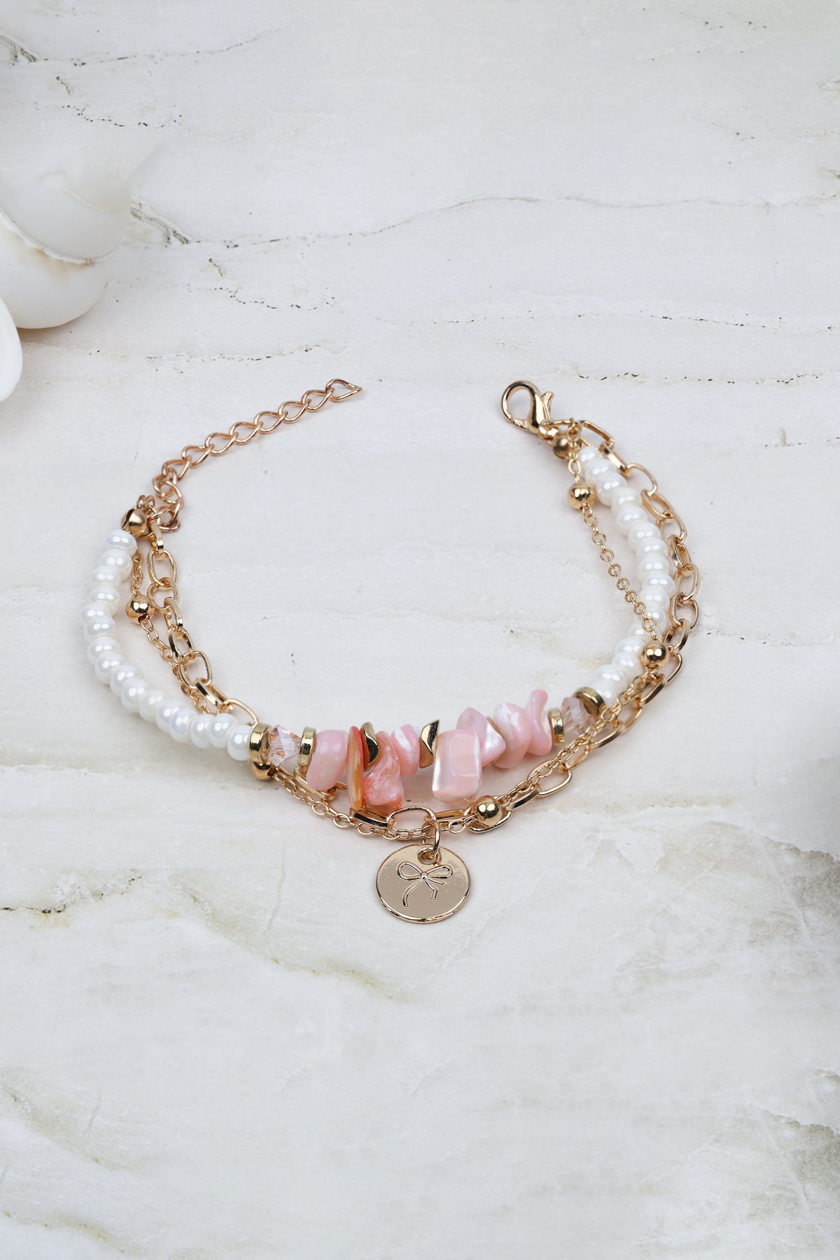 Pink Stone and Pearl Layered Bracelet