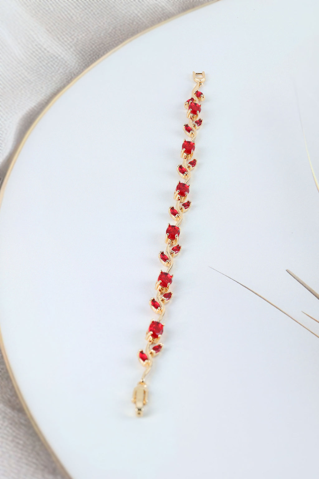 Ruby Red Stone Bracelet for Wedding & Party Wear,Anti Tarnish Gold Plated Steel CZ Tulip Vine Bangle