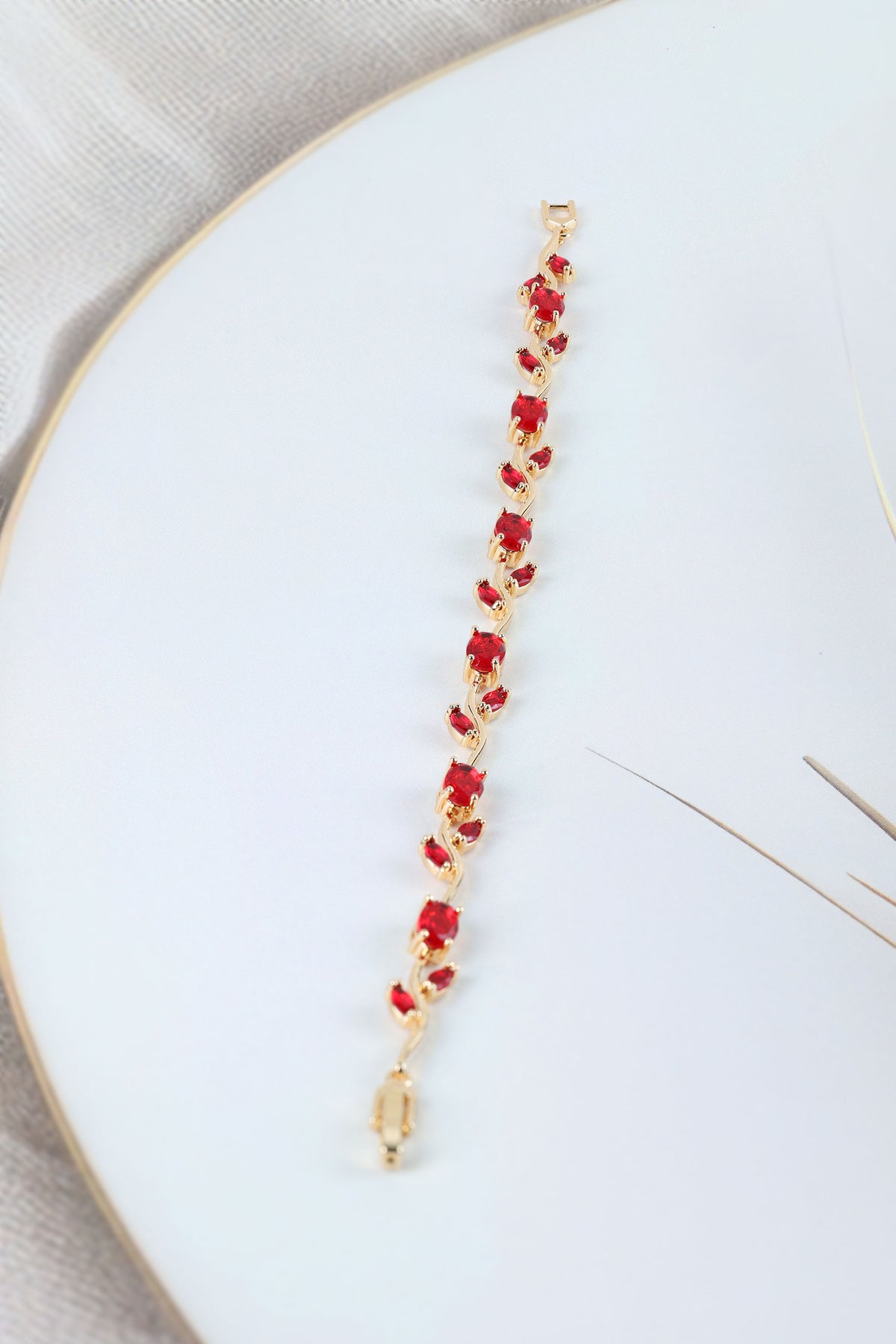 Ruby Red Stone Bracelet for Wedding & Party Wear,Anti Tarnish Gold Plated Steel CZ Tulip Vine Bangle