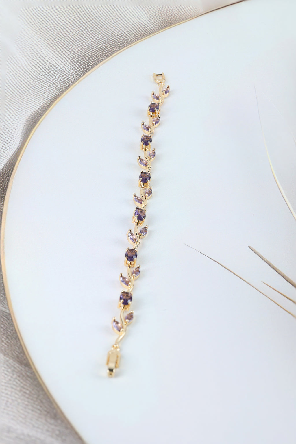 Tulip Vine Bracelet - Amethyst Purple CZ Stones,  Gold Plated Purple CZ Tulip Bracelet in Gold Plating