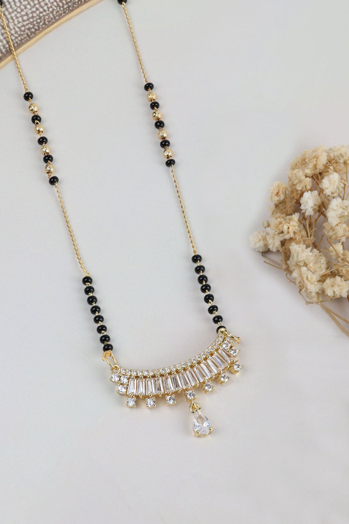 Dainty Gold Mangalsutra – Baguette CZ Bar Pendant with Drop Daily Wear Necklace for Women