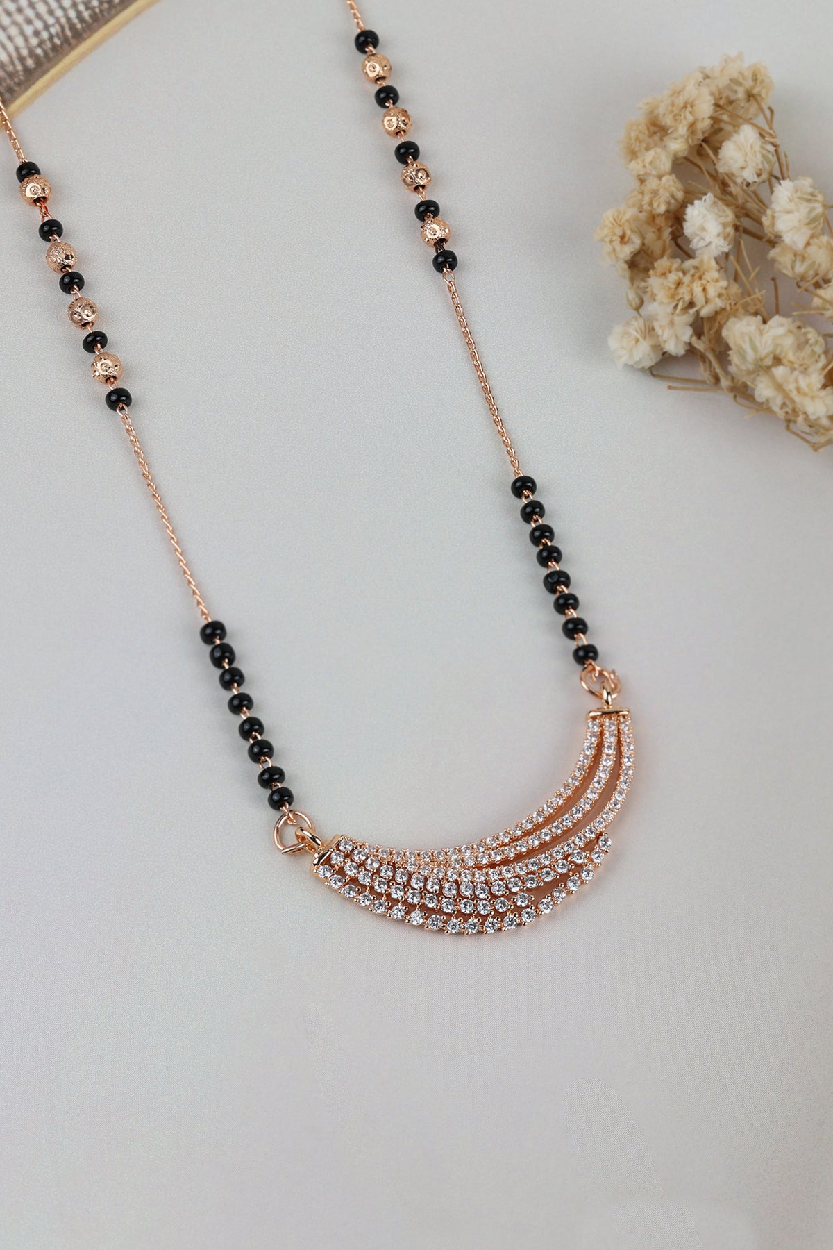 Dainty Rose Gold Mangalsutra – Crescent CZ Pendant Daily Wear Necklace