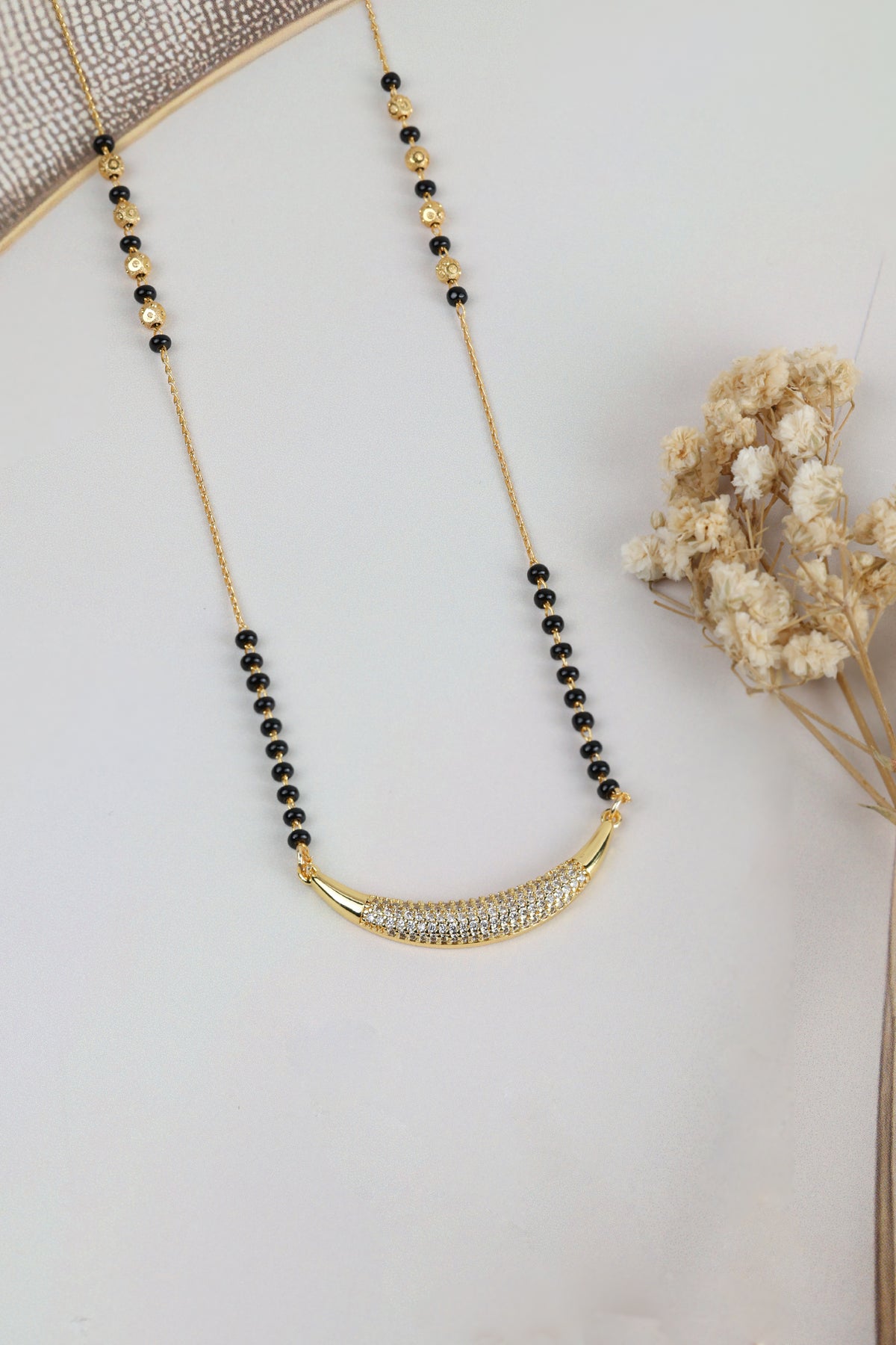 Dainty Gold Mangalsutra – Curved Pavé CZ Bar Pendant Daily Wear Necklace for Women