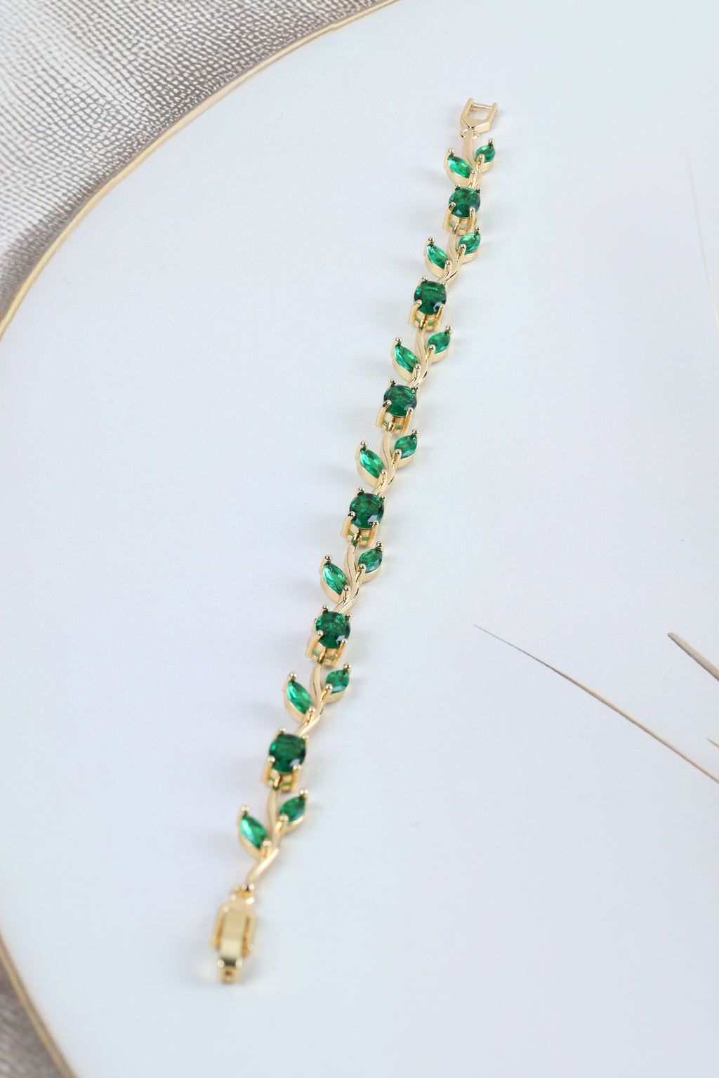 Green Tulip Bracelet - Emerald-Green Vine Design Green Tulip Bracelet for Women  Gold Plated CZ